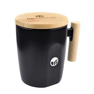 12 Oz. Ceramic Mug w/Wooden Handle & Bamboo Lid