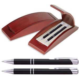 JJ Series Pen and Pencil Gift Set in Rosewood Color Wood Gift Box with Hinge Cover, Black pen
